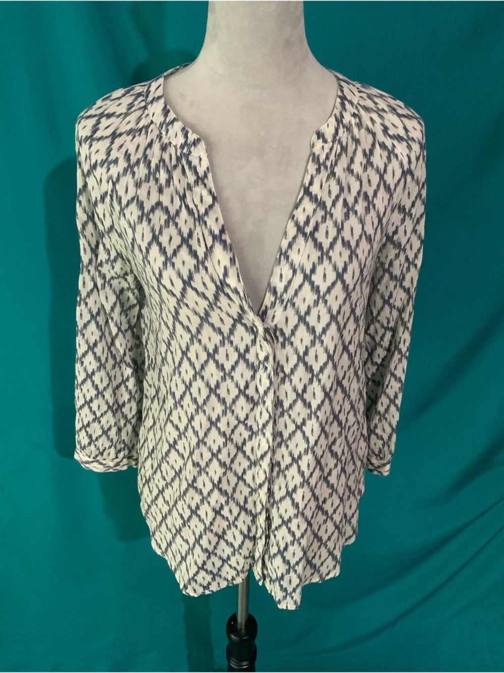 PAIGE White and Navy Diamond-Print V-Neck Blouse, 100% Cotton